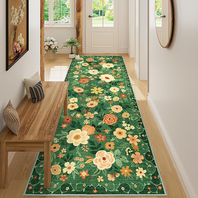 DUKINO 3x8 Runner Rug, Washable Rug for Kitchen with Non Slip Backing, Soft Non Shedding & Low Pile Design Long Floor Carpet Runner for Hallway, Bathroom, Entryway, Laundry, Dark Green