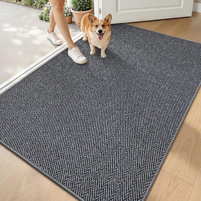 LUMI Ultra Thin Indoor Door Mat for Entrance 48"x72", Non Slip Entryway Mat, Low Profile Doormat, Unique Herringbone Design Carpet for Inside, Patio, Porch, Navy Gray