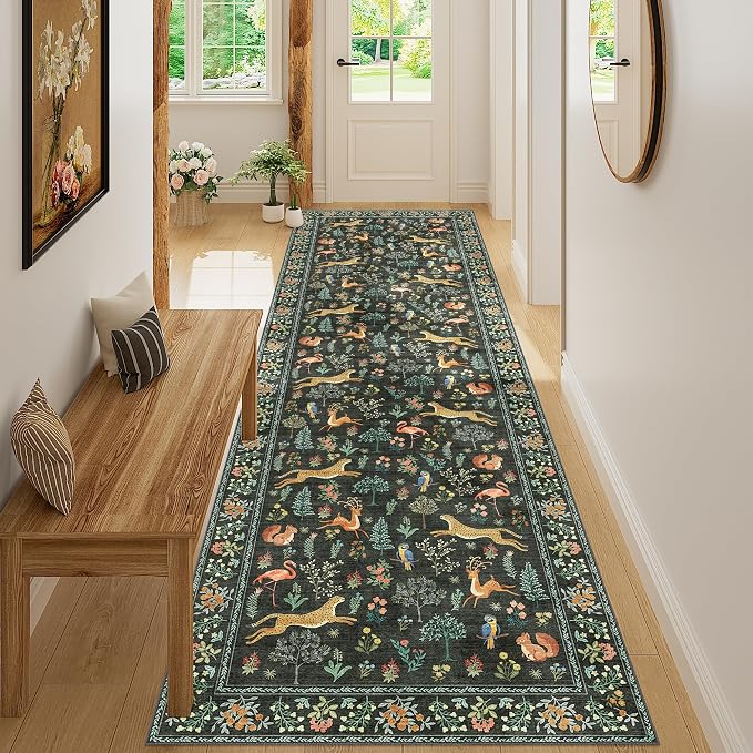 DUKINO 3x10 Washable Runner Rug for Hallway, Lightweight Long Kitchen Rug with Low Pile Design, Vintage Animal Non Shedding Thin Indoor Carpet for Entryway, Bathroom, Bedroom, Laundry Room, Black