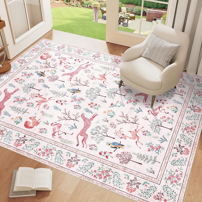 DUKINO 3x5 Rug, Washable Animal Area Rug with Non Slip Vintage Design, Indoor Soft Low Pile Carpet for Bedroom, Nursery, Dining Room, Farmhouse, Playroom, Pink