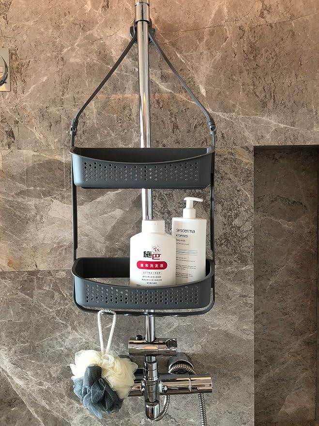 Shower Caddy Hanging, Anti-Swing Shower basket over showerhead with suction cups; Never rust Bathroom Organizer over the door, Multiple Hanging Modes Shelf with Hooks, Matte Grey