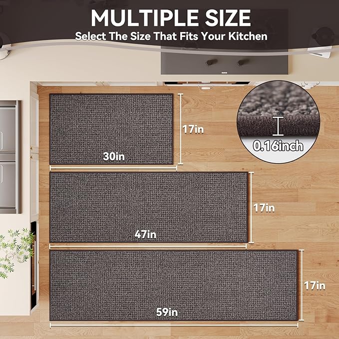 Kitchen Mats For Floor, Super Absorbent Kitchen Rugs Non Slip Washable, Rubber Backing Soft Braided Standing Kitchen Sink Mat Kitchen Runner Rug, Front of Sink, Easy Clean, Dark Brown 17"x47"