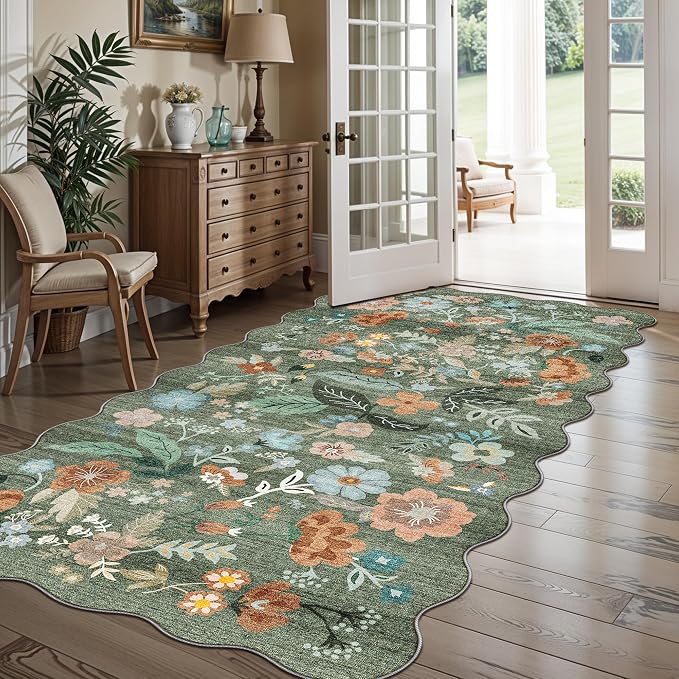4x8 Washable Area Rug for Family: Stain Resistant Wide Floral Scalloped Kitchen Rug Soft Carpet for Entryway Bathroom Bedroom Farmhouse Living Room Floor Mat with Non Slip Backing(4x8, Floral/Green)
