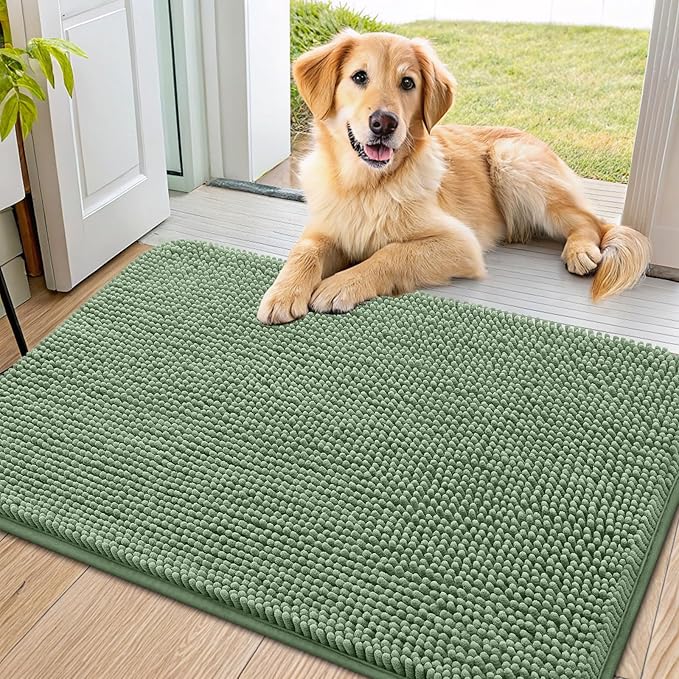 Smiry Dog Door Mat for Muddy Paws 36x24, Absorbent Dirt Trapper, Non-Slip Washable Chenille Entryway Rug for Inside Floor, Olive Green, Classic Solid