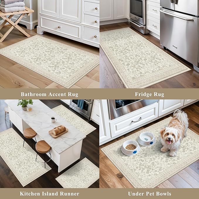 Kitchen Rug Sets 3 Piece, Washable Non-Slip Farmhouse Kitchen Mats for Hardwood Floor, Rustic Floral Boho Runner Rug for Sink,Entryway & Hallway & Bathroom (Beige/Floral,2x3-2x4-2x5)