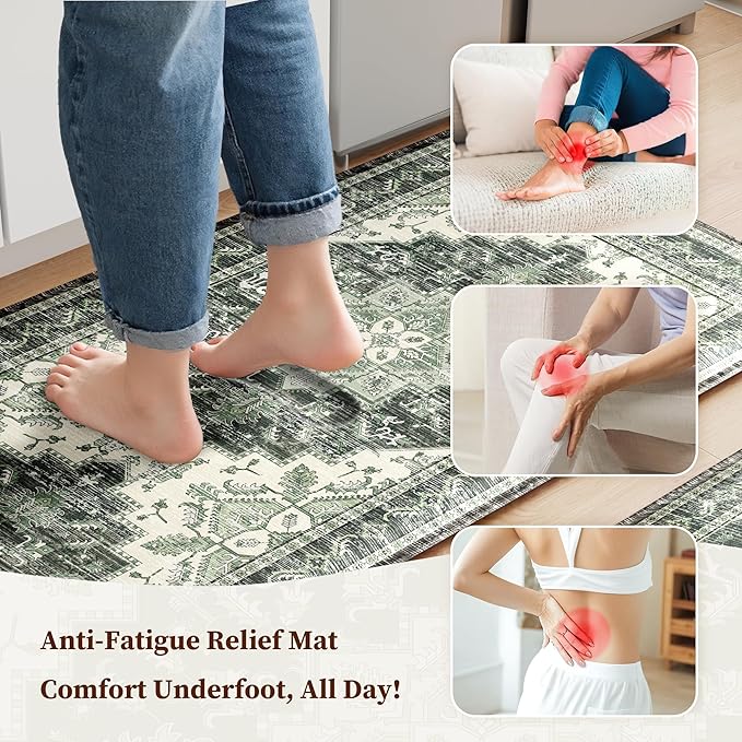 Boho Kitchen Mats for Floor 2 Piece Set Anti Fatigue Cushioned PVC Kitchen Rugs Non Slip Waterproof Farmhouse Mats 2/5 Inch Comfort Standing Mat for Sink, Laundry, Office, 17.3"x59"+17.3"x28", Green