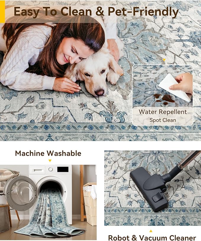 RELEANY Area Rugs Runner 3'x9' Washable Non-Slip, Floral Vintage Distress Medallion Carpet for Kitchen Hallway Bedroom Beside Laundry Room Bathroom, Light Blue Navy Gray White
