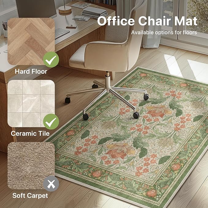 36"x48" Office Chair Mat for Hardwood Tile Floor, Under Desk Carpet Protector for Rolling Computer Chair Mat, Machine Washable Area Rug, Anti-Slip 1/5" Thick Low Pile Thin Vinyl Floor Mat, Sage Green
