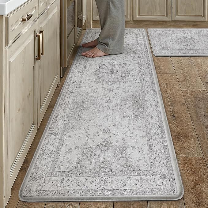 PureCozy Kitchen Mats 2PCS Anti Fatigue Cushioned Mat Gray Vintage Kitchen Mats for Floor Waterproof Non Slip Comfort Standing Oriental Medallion Grey Rug for Sink Laundry Office 17.3"x59"+17.3"x30"
