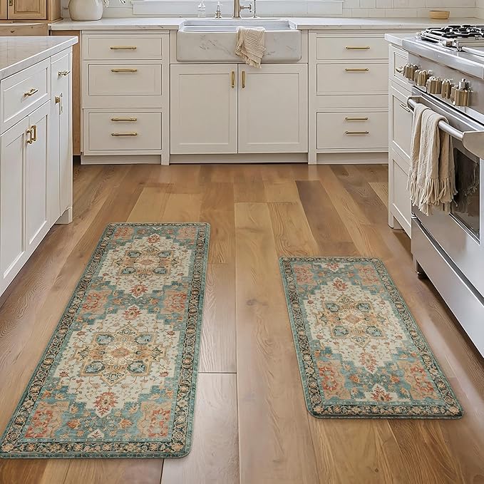 GENIMO Kitchen Mats for Floor 2PCs, Washable Anti Fatigue Mat for Cushioned, 17.3"x59"+17.3"x30", Waterproof Kitchen Rugs, Non Slip Comfort Standing Mat Rug for Home, Laundry, Peach Orange