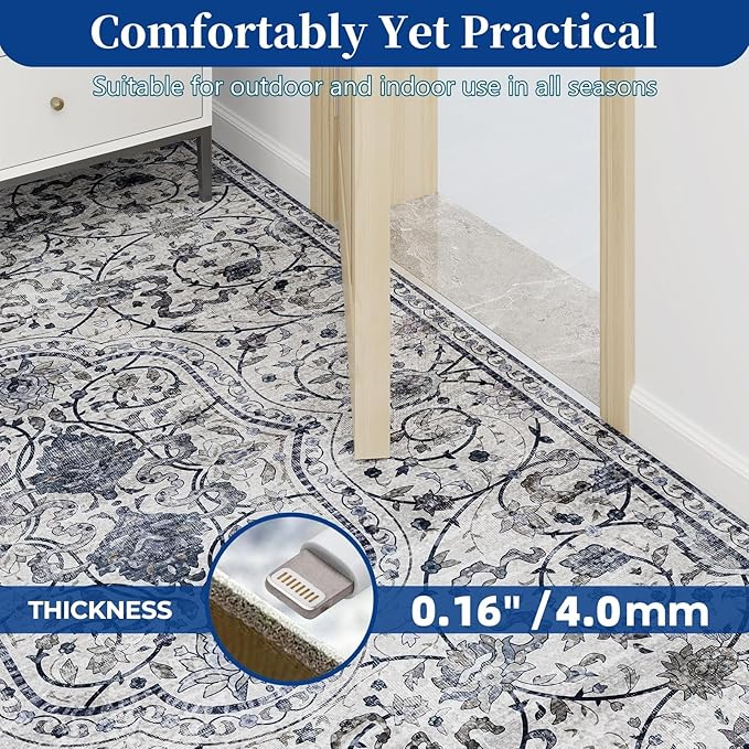 SALLOUS Floor Mat for Home, 5' x 7' Waterproof Area Rug for Living Room, Vinyl Area Rug for Bedroom, Slip Resistant Hard Floor Protector Mat for Kitchen, Bathroom, Entryway (Grayish Blue Bohemian)