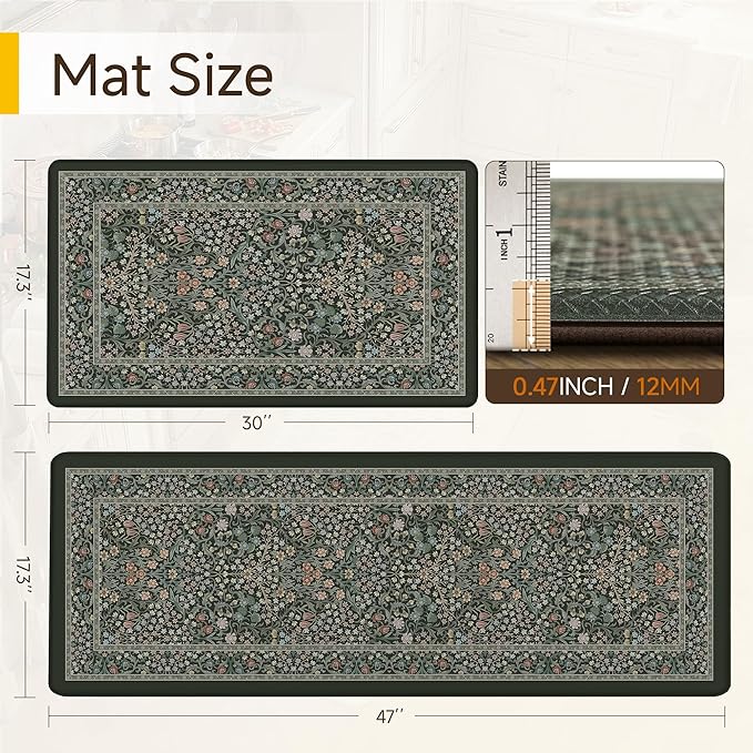 Kitchen Mats for Floor Thick Anti Fatigue Waterproof Vintage Spring Floral Kitchen Rugs 2PCS Cushioned Non Slip Black Green Comfort Standing Mats for Sink Laundry Office 17.3"×47"+17.3"×30"