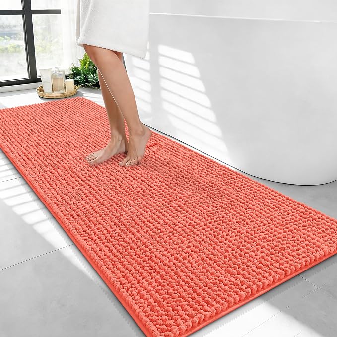 OLANLY Thick Bathroom Runner Rugs 47x24, Extra Soft Absorbent Chenille Bath Rugs, Rubber Backing, Machine Wash Dry, Long Bath Mats for Bathroom Floor, Tub and Shower, Home Decor Accessories, Coral