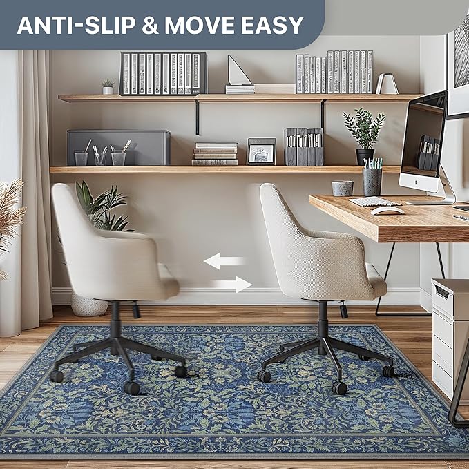 48"x72" Office Chair Mat for Hardwood Tile Floor, Under Desk Carpet Protector for Rolling Computer Chair Mat, Machine Washable Area Rug, Anti-Slip 1/5" Thick Low Pile Thin Vinyl Floor Mat, Dark Blue