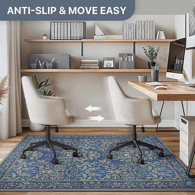 48"x60" Office Chair Mat for Hardwood Tile Floor, Under Desk Carpet Protector for Rolling Computer Chair Mat, Machine Washable Area Rug, Anti-Slip 1/5" Thick Low Pile Thin Vinyl Floor Mat, Dark Blue