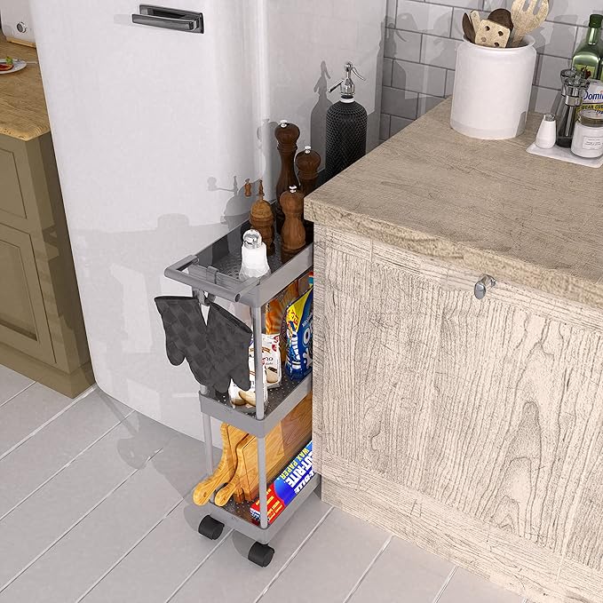 Simple Houseware 3-Tier Slim/Narrow Storage Cart with Handle, 5.5'' Wide x 27.5'' Height Rolling Organizer for Kitchen, Bathroom, Laundry Room - Grey