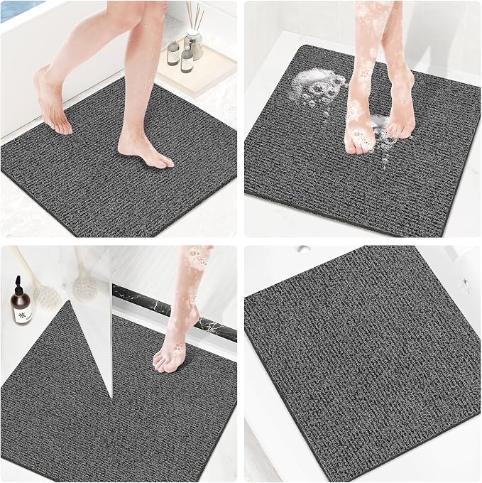 Shower Mat Bathtub Mat Non-Slip,24x24 inch, Soft Tub Mat with Drain,PVC Loofah Bath (Phthalate Free) for Tub and Bathroom,Quick Drying, Black
