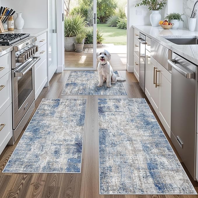 Kitchen Mats for Floor 3 Piece Set, Washable Non-Slip Farmhouse Kitchen Rugs for Hardwood Floor, Rustic Floral Boho Runner Rug for Sink,Entryway & Hallway & Bathroom (Blue/Grey/Ivory,2x3+2x4+2x5)