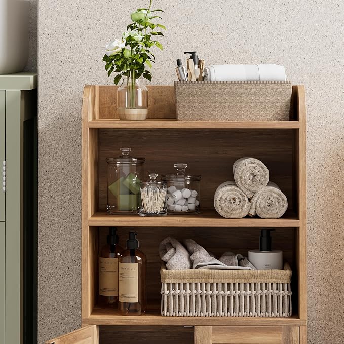 Homhedy Small Bathroom Storage Cabinet, Freestanding Toilet Paper Storage with 2 Doors and Shelves, Bathroom Organizers and Storage for Small Spaces, 7.9" D x 14.6" W x 31" H, Rustic Walnut