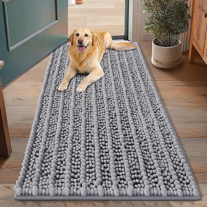 Smiry Dog Door Mat for Muddy Paws 48x30, Absorbent Dirt Trapper, Non-Slip Washable Chenille Entryway Rug for Inside Floor, Grey, Layered Pattern