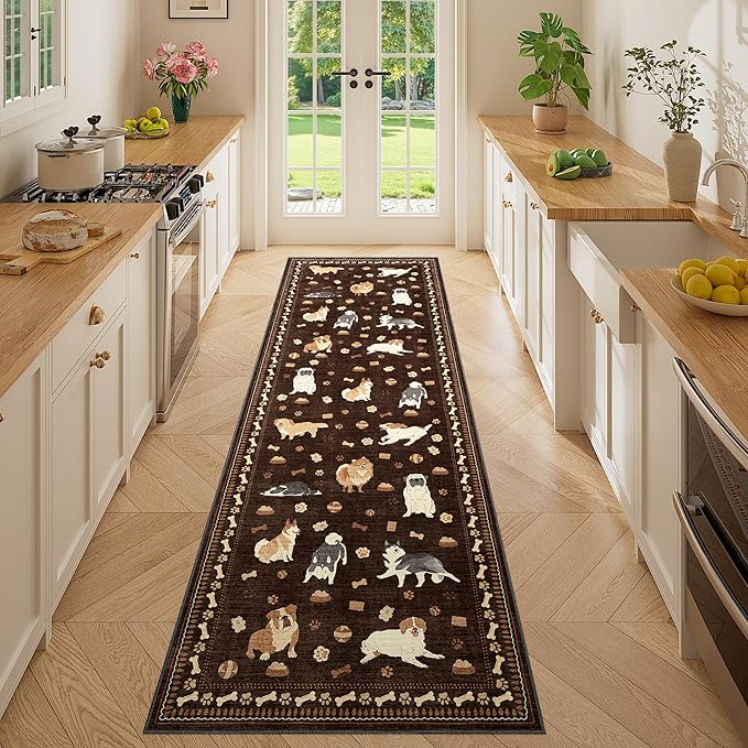 DUKINO 2x6 Washable Runner Rug for Hallway, Non Slip Animal Dog Kitchen Rug with Low Pile Design, Ultra Soft & Stain Resistant Indoor Carpert Runner for Entryway, Bedroom, Laundry, Bathroom, Brown