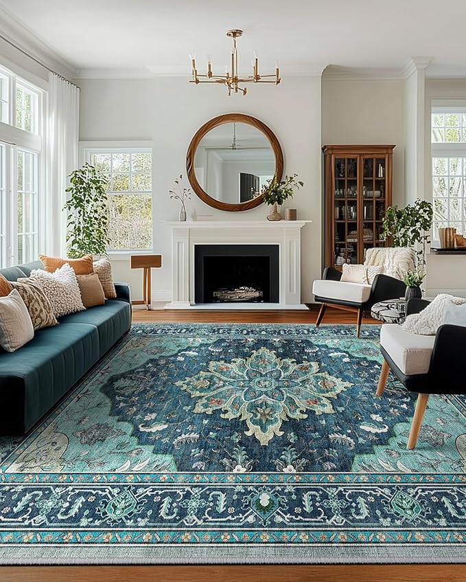 RELEANY Area Rugs Large 10'x14' Washable Non-Slip, Floral Vintage Distress Medallion Carpet for Living Room Bedroom Dining Room, Teal Green Lake Blue Turquoise