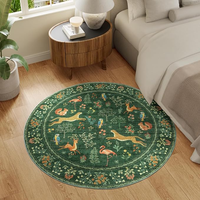DUKINO 4ft Round Rug, Washable Round Area Rug, Non Slip Indoor Low Pile Animal Design, Soft Small Vintage Circle Carpet for Bedroom, Entryway, Living Room, Dining Room, Green