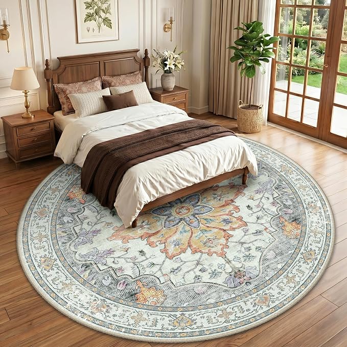 RELEANY Area Rugs Round 10ft Washable Non-Slip, Floral Vintage Distress Medallion Carpet for Living Room Bedroom Dining Room, Beige Carbon Grey Orange