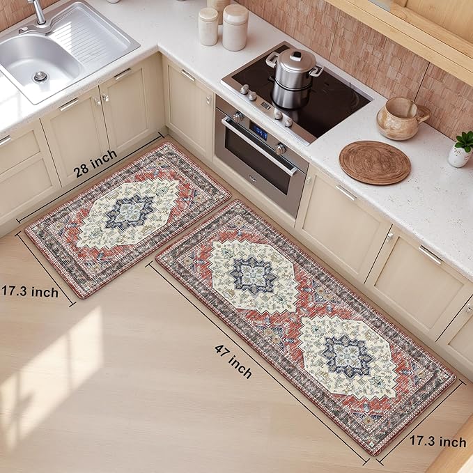 Boho Kitchen Mats for Floor 2 Piece Set Anti Fatigue Cushioned PVC Kitchen Rugs Non Slip Waterproof Farmhouse Mats 2/5 Inch Comfort Standing Mat for Sink, Laundry, 17.3"x47"+17.3"x28", Taupe Red