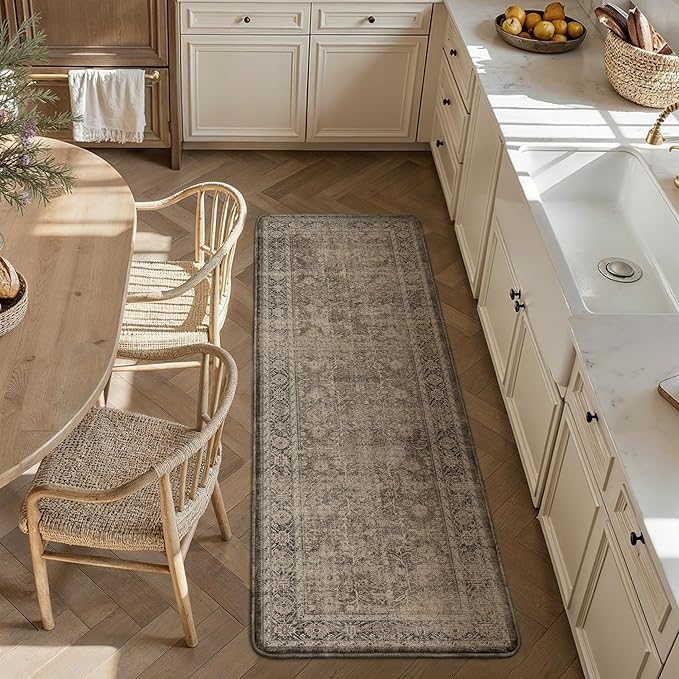 PureCozy Kitchen Mats for Floor Anti Fatigue Cushioned Brown Vintage Kitchen Mats Waterproof Non Slip Comfort Standing Distressed Runner Rug for Sink Laundry Office Bathroom 17.3"x59"