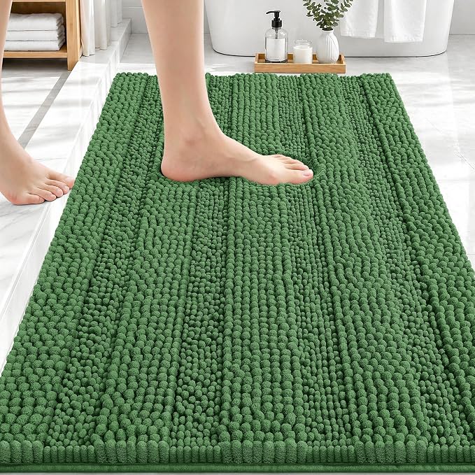 OLANLY Thick Bathroom Rugs 30x20, Extra Soft Absorbent Chenille Striped Bath Rugs, Rubber Backing, Machine Wash Dry, Bath Mats for Bathroom Floor, Tub and Shower, Home Decor Accessories, Olive Green