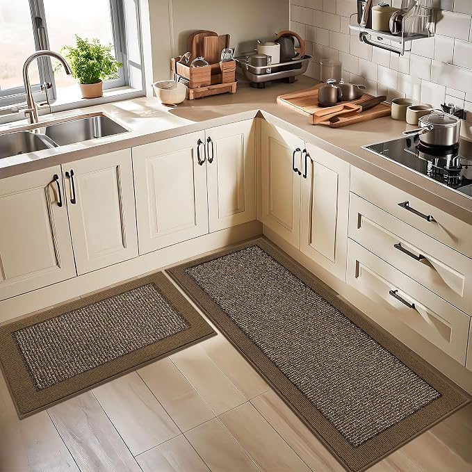 BEQHAUSE Kitchen Rugs and Mats Set of 2 Non-Slip Kitchen Mats for Floor, Absorbent and Stain Resistant Kitchen Runner, Machine Washable Rugs for Kitchen, Laundry & Sink, 20"x32"+20"x48", Brown