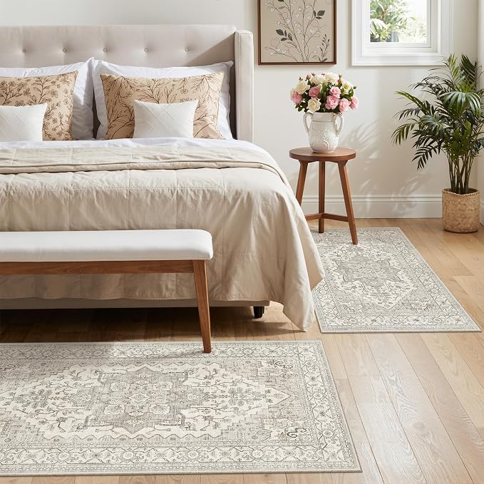 Madane 2-Piece Kitchen Runner Rug Set, Small Area Rug Non-Slip Vintage Door Mat Indoor Entrance, Low Pile Floor Carpet for Inside Front Door Bedroom Entryway Entry Laundry (2x3+2x4, Beige/Brown)