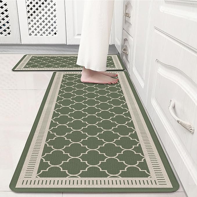 Sage Green Vintage Moroccan Grid Elegance Kitchen Rug Sets [2 PCs], Anti-Fatigue, Waterproof Non-Slip Kitchen Mats Heavy Duty Comfort Foam Rug for Kitchen, Floor, Laundry,17"x29"+17"x47"