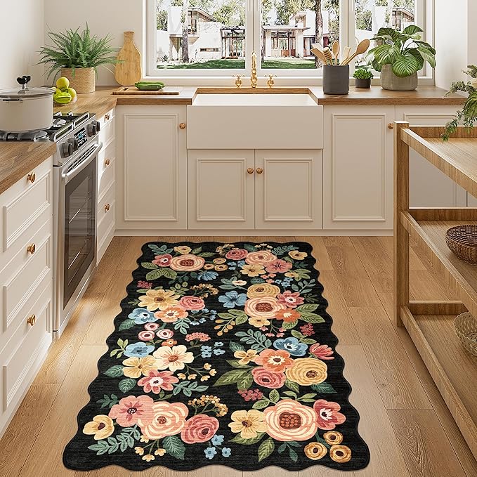 DUKINO 3x5 Area Rug, Floral Non-Slip Indoor Washable Rug with Low Pile & Non-Shedding, Lightwight Boho Design Carpet for Entryway, Bedroom, Kids Room, Living Room, Kitchen, Black