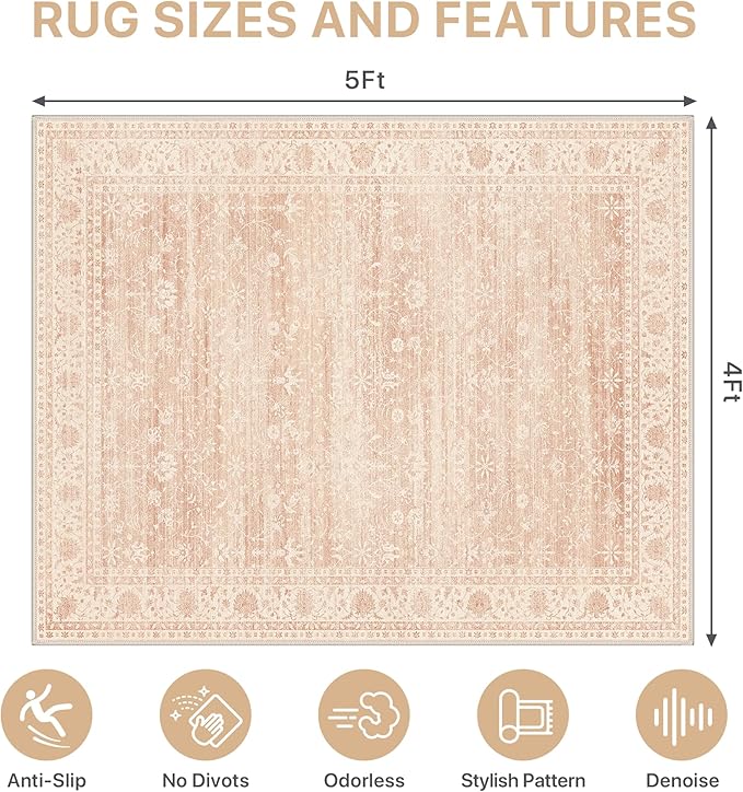 48"x60" Office Chair Mat for Hardwood Tile Floor, Under Desk Carpet Protector for Rolling Computer Chair Mat, Machine Washable Area Rug, Anti-Slip 1/5" Thick Low Pile Thin Vinyl Floor Mat, Dusty Pink