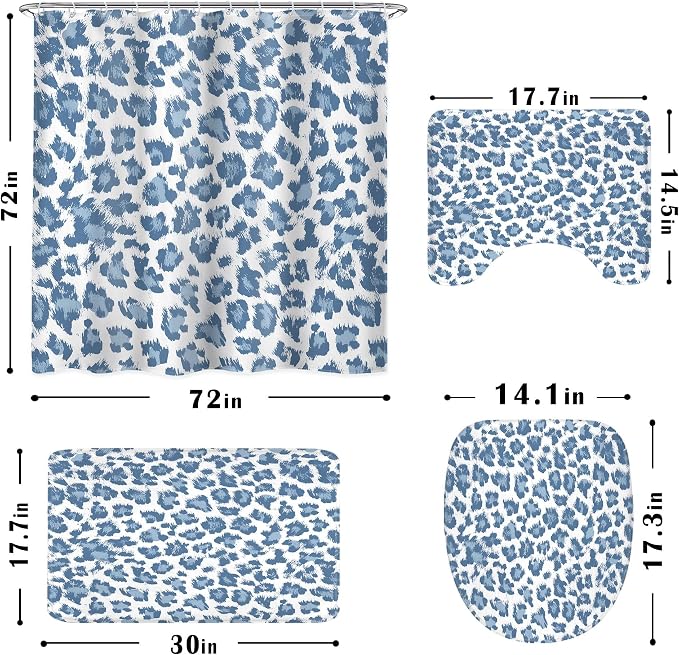 4 PCS Blue Leopard Print Shower Curtain Set 72Wx72H,Toilet Lid Cover,Non-Slip Rugs and U-Shaped Mat,Cheetah Wild Bathroom Sets with Rugs Shower Accessories 12 Hooks for Bathroom Decor