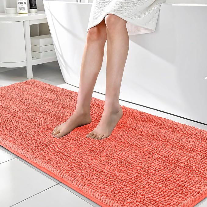 OLANLY Thick Bathroom Runner Rugs 70x24, Absorbent Chenille Striped Bath Rugs, Rubber Backing, Machine Wash Dry, Extra Long Bath Mats for Bathroom Floor, Tub and Shower, Home Decor Accessories, Coral