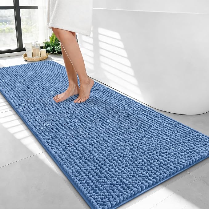 OLANLY Thick Bathroom Runner Rugs 47x24, Extra Soft Absorbent Chenille Bath Rugs, Rubber Backing, Machine Wash, Long Bath Mats for Bathroom, Tub and Shower, Home Decor Accessories, Cornflower Blue