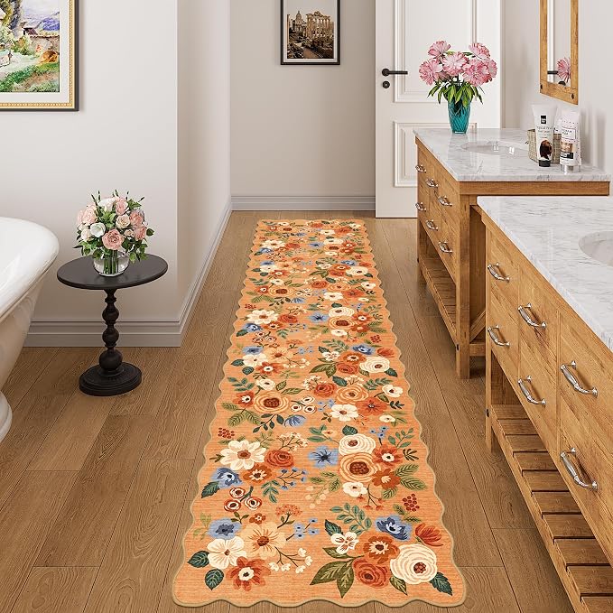DUKINO 2x8 Washable Runner Rug, Lightweight Soft Floral Hallway Rug Runner with Low Pile Design, Non Shedding & Non Slip Backing Thin Indoor Carpet for Bedroom, Bathroom, Entrance, Kitchen, Orange