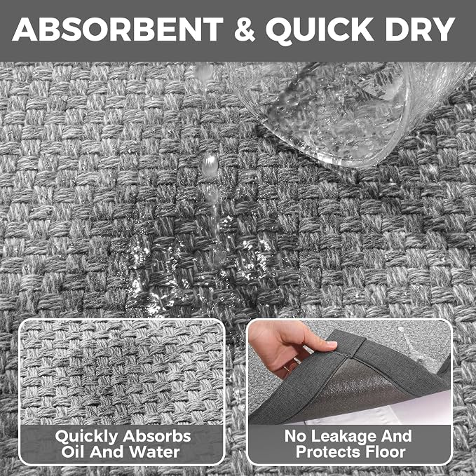 YDKGL Kitchen Rugs Mat Non Slip Washable, 0.4" Thick Anti Fatigue Cushioned Kitchen Mats for Floor, Absorbent Jute-Look Kitchen Runner Rug Sink Mat Laundry Standing Mats, Easy Clean, Gray 17"x47"