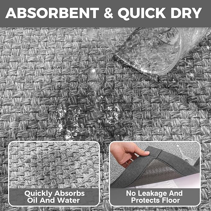 YDKGL Kitchen Runner Rugs Non Slip Washable Anti Fatigue, Super Absorbent 0.4" Thick Cushioned Long Kitchen Mats for Floor, Jute-Look Sink Floor Mat Laundry Standing Mat, Easy Clean, Gray 17"x59"