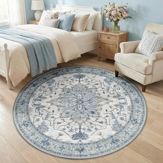 RELEANY Area Rugs Round 5ft Washable Non-Slip, Floral Vintage Distress Medallion Carpet for Living Room Bedroom Dining Room, Light Blue Navy Gray White