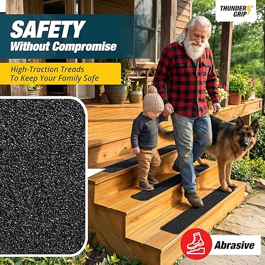 Thunder Grip Outdoor Stair Treads Non Slip 24" x 4" - 15-Pack Weather Resistant Exterior Grip Tape for Wooden Steps - Anti Skid Strips - Waterproof 80-Grit Adhesive Treads