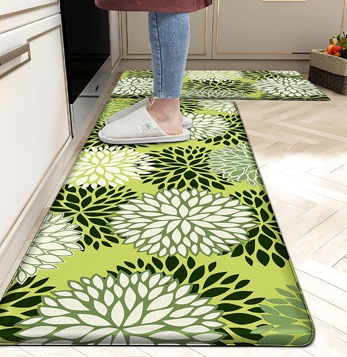 Kitchen Mats Set of 2 Cushioned Anti Fatigue Kitchen Rugs Non Slip Waterproof Kitchen Runner Memory Foam Floor Mat Comfort Standing Mat for Sink,Office,Laundry, Green