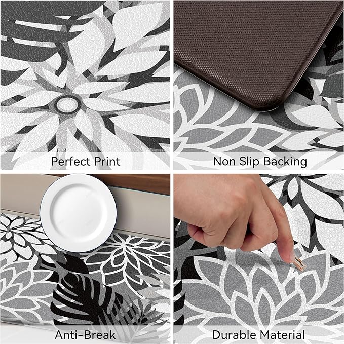 Arenarug Kitchen Mats for Floor 2PCS Cushioned Anti Fatigue Kitchen Mats Waterproof Non Slip Kitchen Mat Rug Set Comfort Foam Standing Mat for Sink, Laundry, Office, 24"x39"+24"x59", Black White