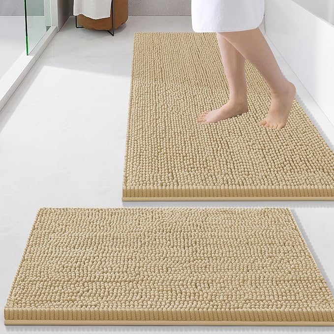 Smiry Bathroom Rugs Sets 2 Piece, Soft Absorbent Chenille Machine Washable Non Slip Shaggy Bath Rug Set for Tub, Shower, and Floor (34x21+24x16, Beige)