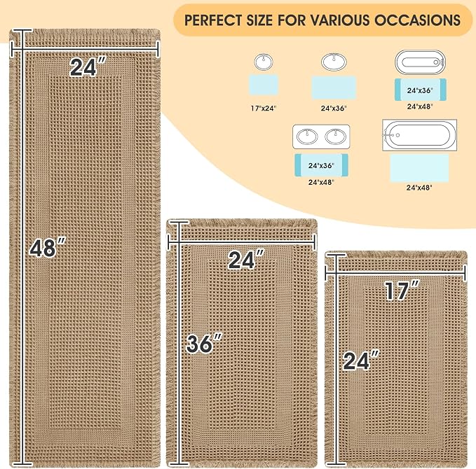 Upgrade Waffle Bath Mat Set 3 Piece, Boho Bathroom Rugs Absorbent Non Slip, Ultra Soft Bathroom Mat, Machine Washable Knit Bath Rugs with Tassels for Bathroom, Bedroom, Kitchen, Shower, Tub, Beige