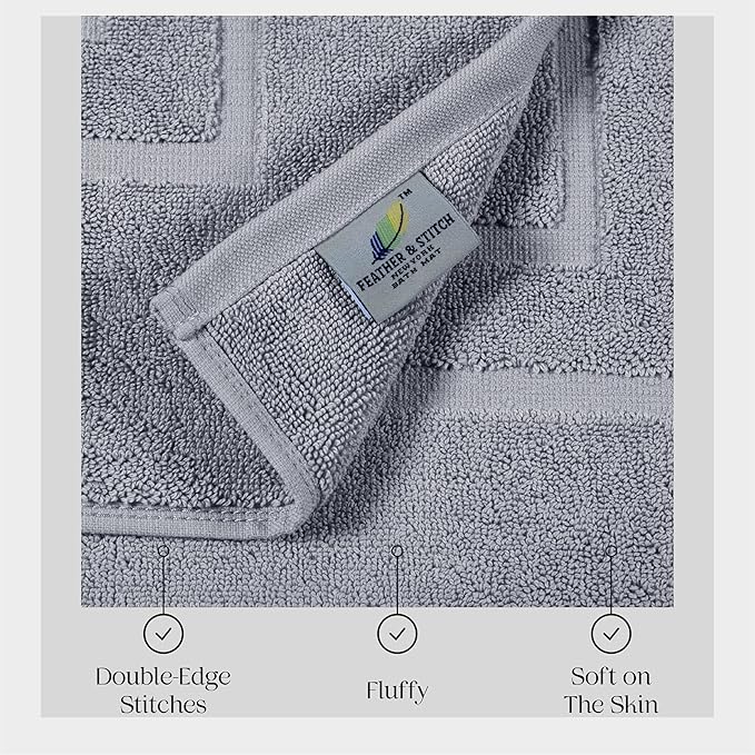 Feather & Stitch 2 Piece Towel Like Bath Mats (30x21 Inch) 100% Cotton Terry Bath Mats, Bathroom Shower Floor Mats [NOT A Bathroom Rug], Soft Absorbent Washable Mats - Grey
