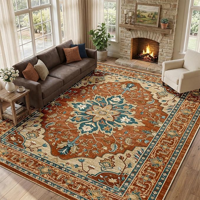 RELEANY Area Rugs Large 10'x14' Washable Non-Slip, Floral Vintage Distress Medallion Carpet for Living Room Bedroom Dining Room, Red Orange Blue Brown
